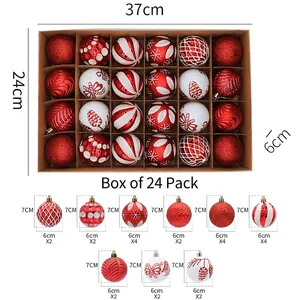 Detailed view of 24-piece red and white Christmas ball set with assorted festive patterns