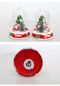 Detail of Christmas glass dome with Santa snowman miniature and battery base with switch