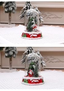 Detail of Christmas glass dome ornaments featuring Santa, snowman, and miniature trees