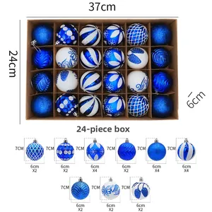 Pack of 24 blue and white Christmas ornaments with detailed size and quantity specifications