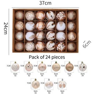 Detail of 24-piece Christmas ball set showing assorted glitter and matte textures in a box