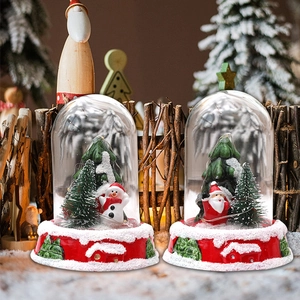 Christmas Glass Dome Ornament With LED Light Santa Claus Snowman Micro Landscape Resin Base Festive Holiday Desktop Decoration