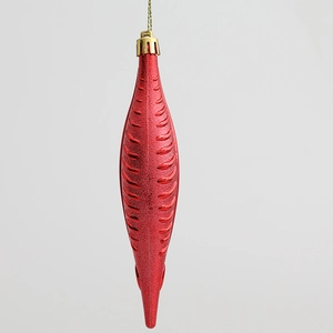 Glossy red Christmas ornament with ribbed texture and gold string for tree decoration