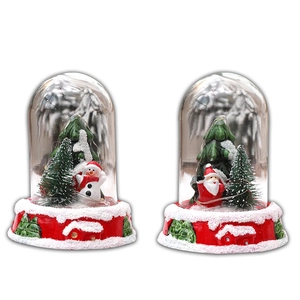 Christmas glass dome decoration with Santa Claus, Snowman and mini trees on red base
