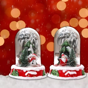 Christmas glass dome decor set featuring Santa and Snowman with LED string lights