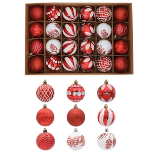 24-piece red and white Christmas ball set with assorted patterns in a gift box