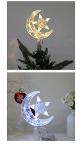 Dettaglio della punta per albero LED a stella e luna con effetti luce calda e bianca