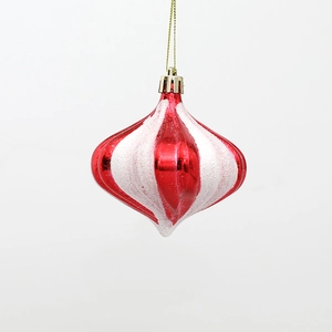 Adorno navideño con forma de cebolla con rayas en espiral rojas y blancas y purpurina