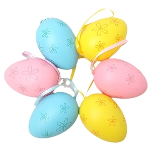 Set of 6 colorful Easter egg decorations with floral prints and hanging ribbons