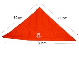 Detailed view of orange pirate bandana with skull print showing 60x60x80cm dimensions