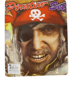 Detailed close-up of a 3-piece pirate costume set with red skull bandana and black eye patch