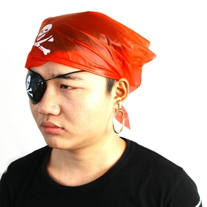 Halloween pirate costume set with red skull bandana, black eyepatch and gold earring
