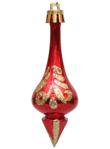Detail of red teardrop Christmas ornament with golden glitter vine patterns