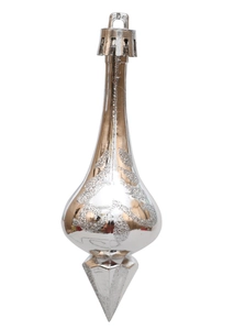 Close-up of a silver cone-shaped Christmas ornament with glitter wave patterns