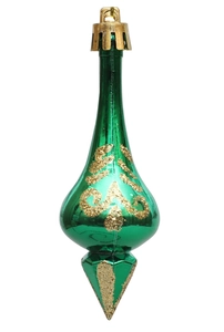 Close-up of conical green Christmas ornament with golden glitter swirls and top hook