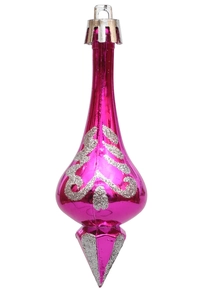 Detail of rose red drop-shaped Christmas ornament with silver glitter vine pattern