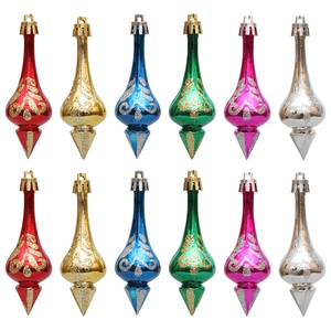 Set of 12 glossy teardrop Christmas ornaments with glitter scroll patterns in six colors