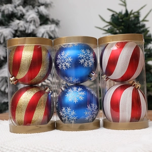 Set of 6 decorative Christmas ball ornaments in gold, red and blue with glitter finish