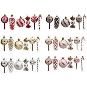 Christmas ornaments set featuring candy canes and pinecones in red and white painted finish