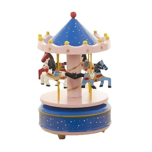 Carillon a giostra classico con cavalli colorati e baldacchino blu a pois bianchi