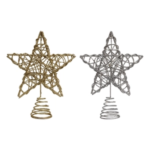Sparkling gold and silver glitter Christmas tree star toppers with spiral metal base