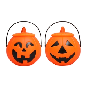 Set of two orange Halloween plastic jack-o'-lantern buckets with black handles