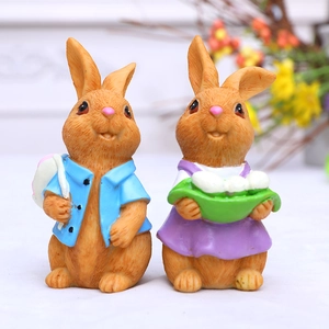 Easter Rabbit Statues Resin Bunny Figurines Pair Home Decor Garden Tabletop Ornaments Retro Pastoral Easter Decorations Gift