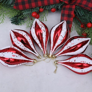 6er-Set tropfenförmige Weihnachtsanhänger mit rot-weißen Glitzerstreifen und Goldkordel