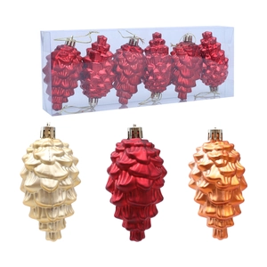 Set mit 9 cm großen Tannenzapfen-Weihnachtsanhängern in glänzendem Rot, Gold und Orange
