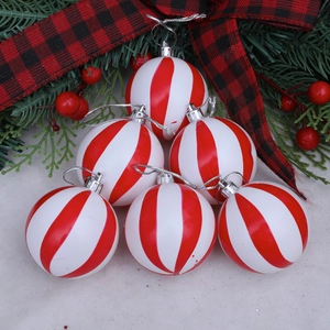 Set of 6 red and white striped Christmas ball ornaments with silver hooks and strings