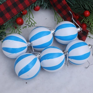 Set of six blue and white striped Christmas ball ornaments for tree decoration