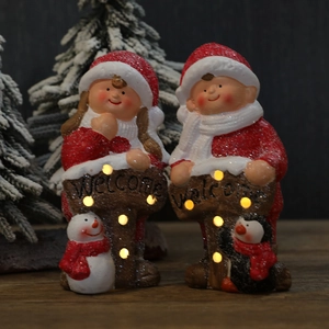 Christmas Ceramic Figurine Desktop Ornament With LED Light Welcome Sign Boy Girl Statue For Festive Home Office Decor