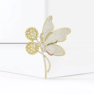 Elegante spilla a farfalla e dente di leone in oro con zirconi colorati micro-pave