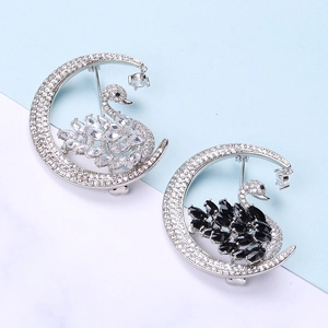 Elegant crystal swan and moon brooches in silver and black stones for coats