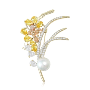 Elegant Wheat Ear Flower Brooch Pin Copper Gold Plated Micro Inlaid Zircon Artificial Pearl Corsage For Women Suit Dress Wedding Party