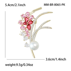 Elegant wheat ear brooch with pink crystals and white pearl on golden base