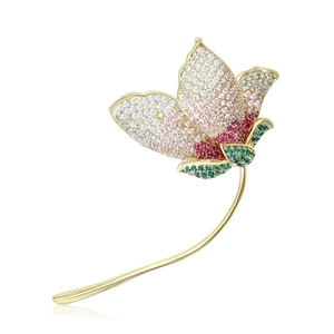 Elegant Copper Gradient Pink Flower Brooch With Rhinestones Micro Inlaid Bridal Suit Corset Pin Jewelry Accessory For Women