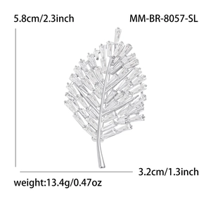 Silver leaf brooch with rectangular cubic zirconia for elegant suits and coats
