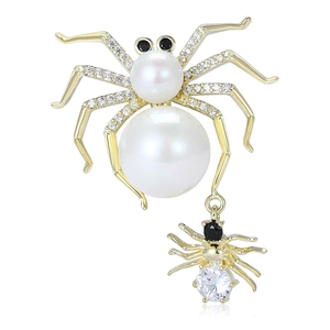 Halloween Double Spider Brooch Fashion Copper Zirconia Imitation Artificial Pearl Spider Brooch Pin For Party Suit Accessories