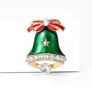 Exquisite Christmas bell brooch with red enamel bow, green bells and sparkling rhinestones