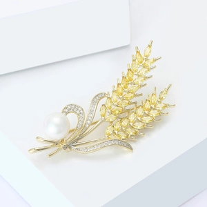 Luxury Gold Plated Copper Wheat Ear Brooch For Women With Yellow Zircon And Artificial Pearl Elegant Botanical Brooch For Suits Wedding Party
