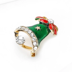 Christmas bell brooch with green enamel, red bow and sparkling rhinestones for holidays