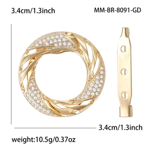 Golden round scarf clip brooch with micro-pave cubic zirconia and spiral twisted design