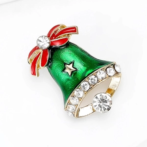 Christmas bell brooch with green enamel, red bow and sparkling rhinestones for women