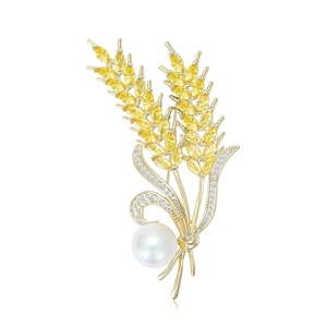 Élégante Broche Épi de Blé pour Femmes Luxe Cuivre Zircone Jaune Künstliche Perle Broches pour Costumes Vestes Bijoux de Mode