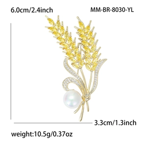 Elegant gold wheat brooch with yellow stones and white pearl measuring 6.0cm by 3.3cm