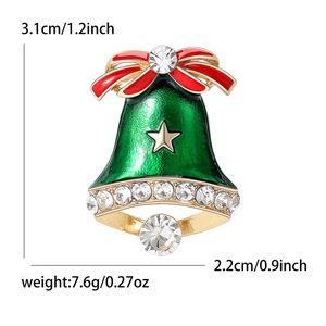 Christmas bell brooch with green enamel, red bow and rhinestones, sized 3.1x2.2cm