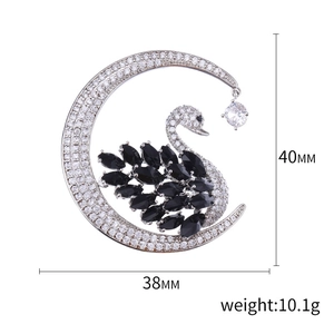 Elegant black swan moon brooch with silver base and white zircons, size 38mm x 40mm