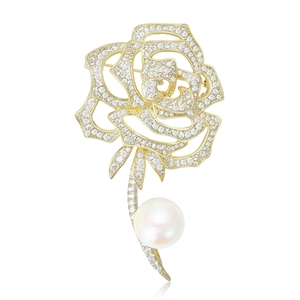 Broche Rose Fleur Ajourée Élégante Cuivre Incrusté de Zircon Avec Süßwasserperle Mode Coréenne Accessoires de Robe de Mariée Femme