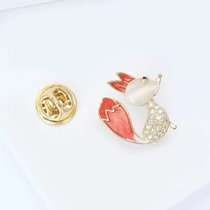 Cute fox brooch with orange enamel cat eye stone and micro-pave cubic zirconia crystals